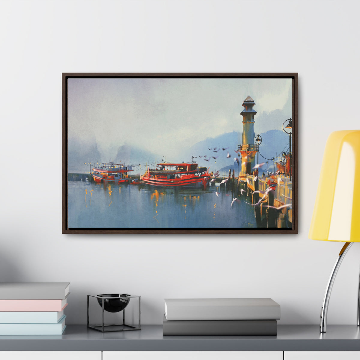 Fishing Boat in Harbor At Morning, Watercolor Painting Style Wall Art
