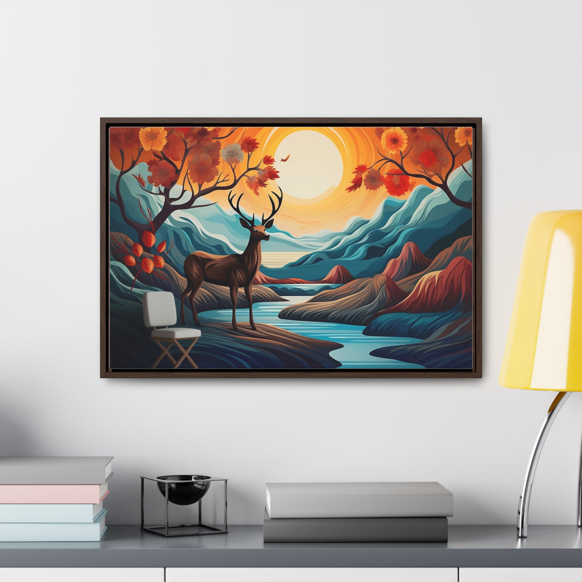 A Painting of a Deer in a Forest with a Sunset in the Background Wall Art