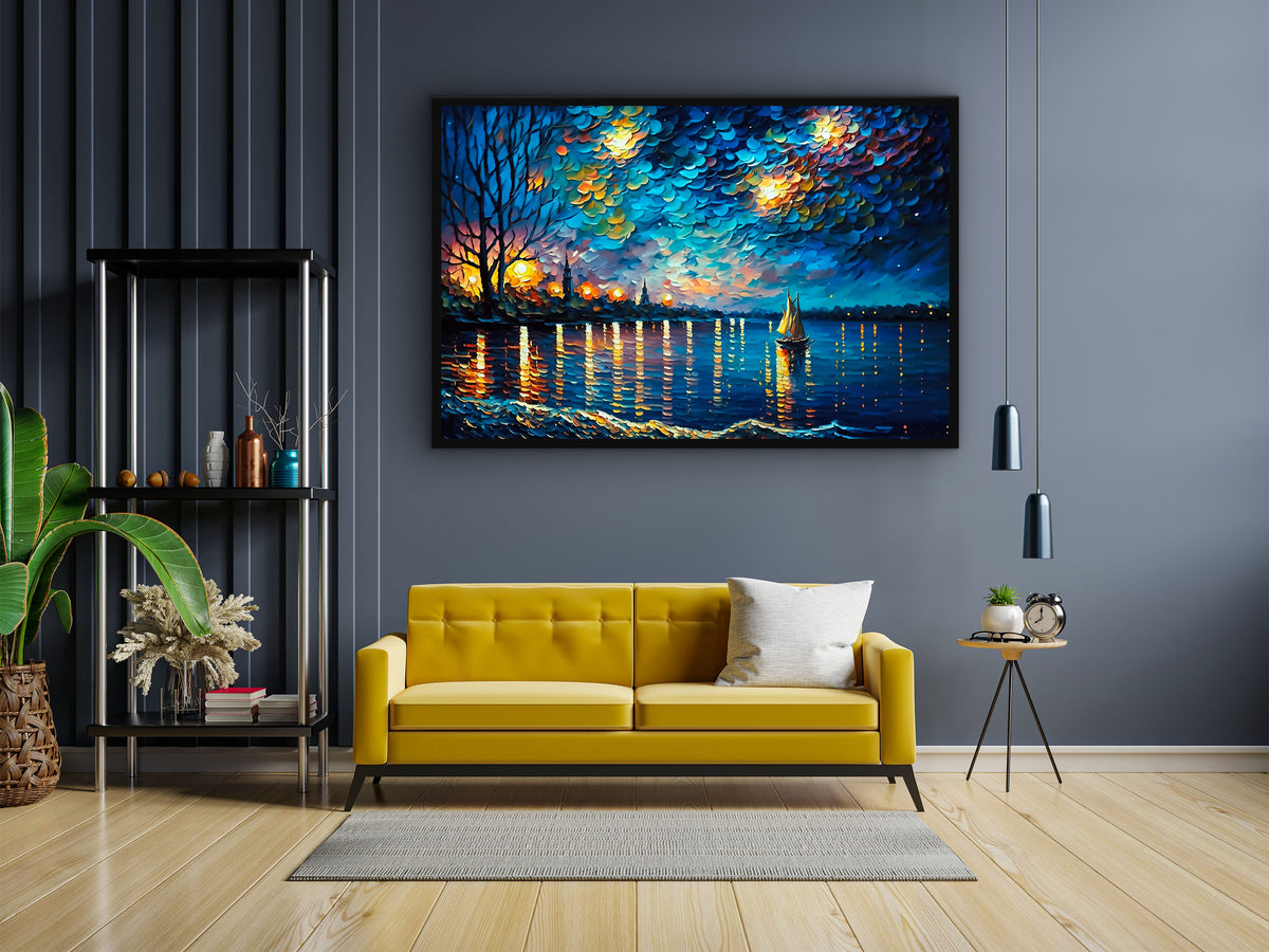 Painting of a Man in the Ocean at Night With a Full Moon Generative ai Wall Art