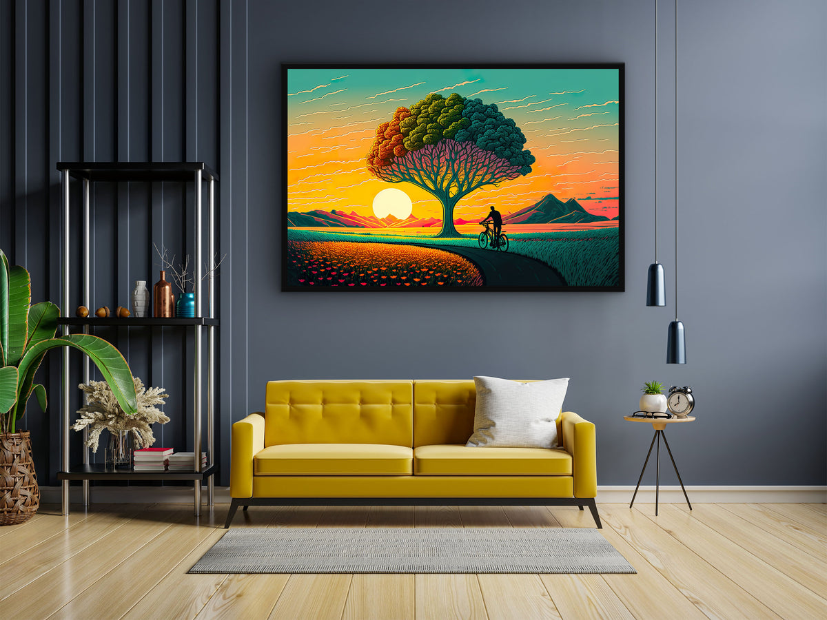 Painting of A Man Bike Riding Front of A Tree With a Sunset in The Background