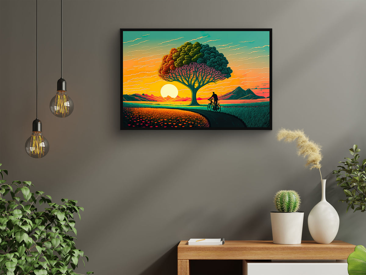 Painting of A Man Bike Riding Front of A Tree With a Sunset in The Background