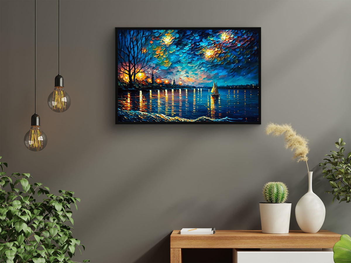 Painting of a Man in the Ocean at Night With a Full Moon Generative ai Wall Art