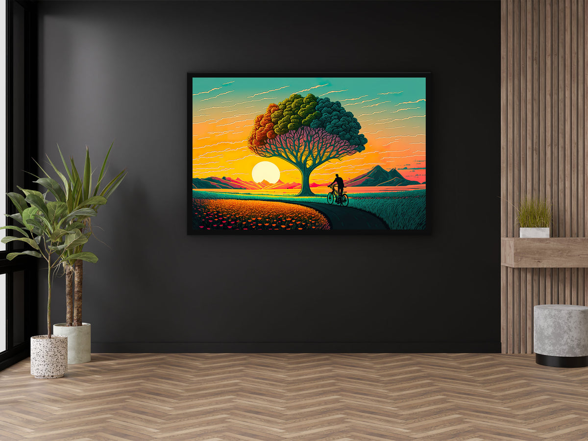 Painting of A Man Bike Riding Front of A Tree With a Sunset in The Background