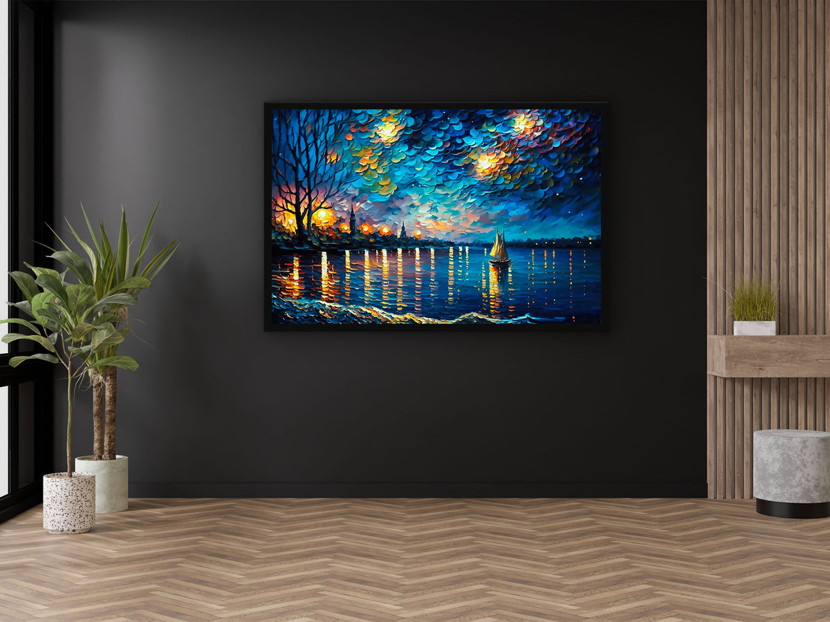 Painting of a Man in the Ocean at Night With a Full Moon Generative ai Wall Art