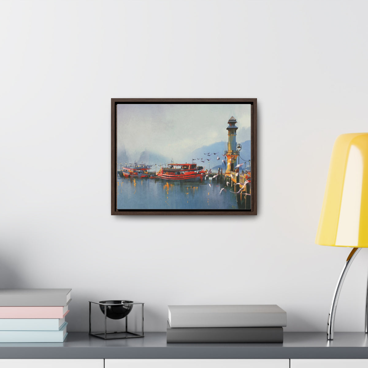 Fishing Boat in Harbor At Morning, Watercolor Painting Style Wall Art