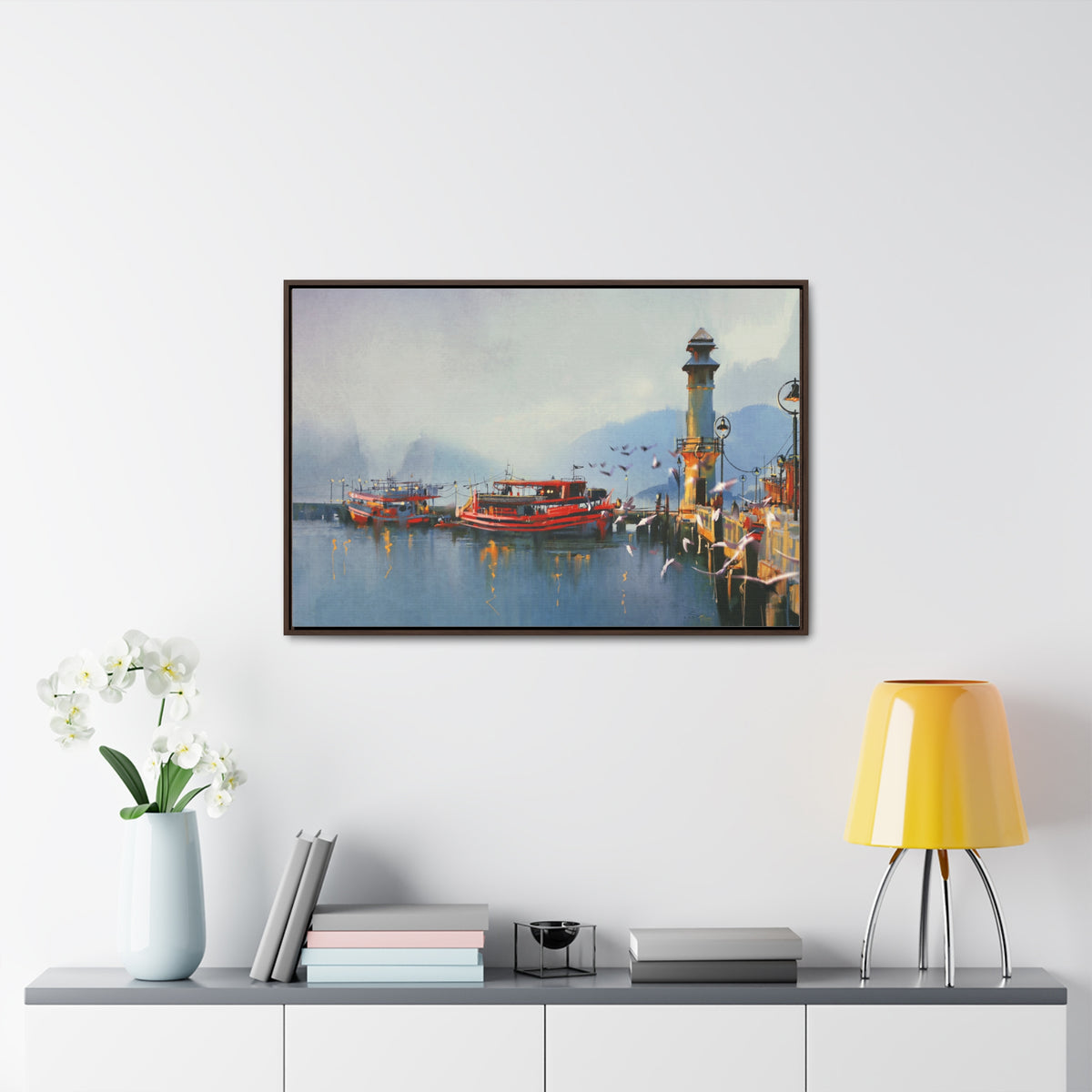 Fishing Boat in Harbor At Morning, Watercolor Painting Style Wall Art