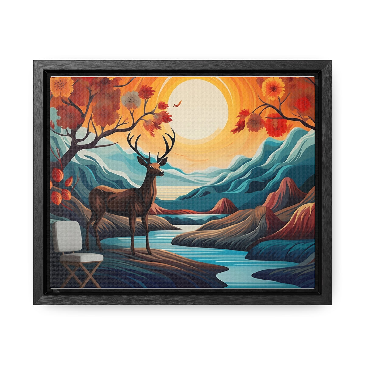 A Painting of a Deer in a Forest with a Sunset in the Background Wall Art