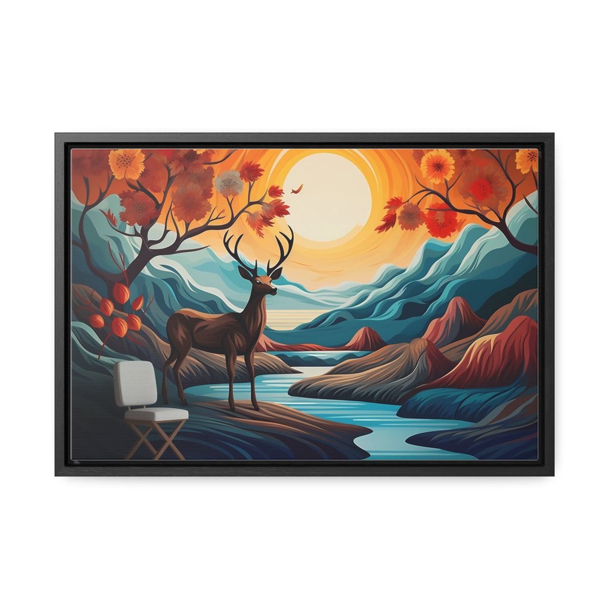 A Painting of a Deer in a Forest with a Sunset in the Background Wall Art