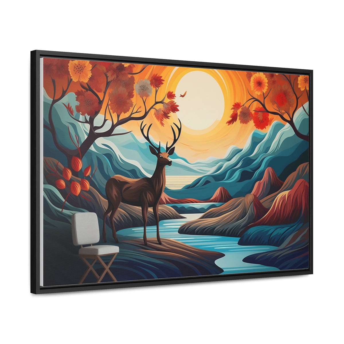 A Painting of a Deer in a Forest with a Sunset in the Background Wall Art