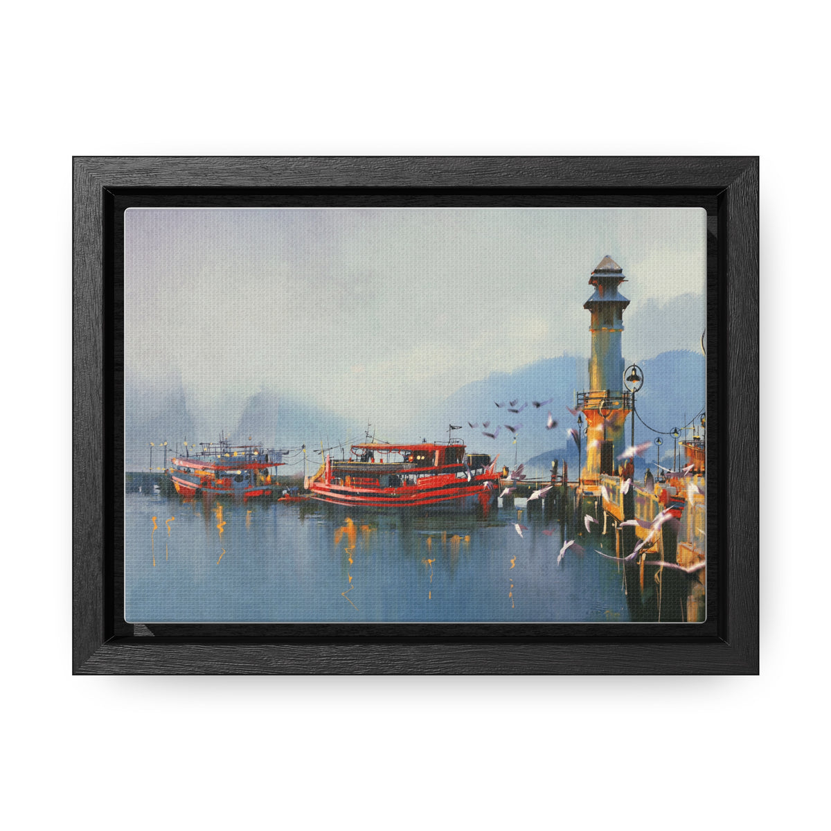Fishing Boat in Harbor At Morning, Watercolor Painting Style Wall Art
