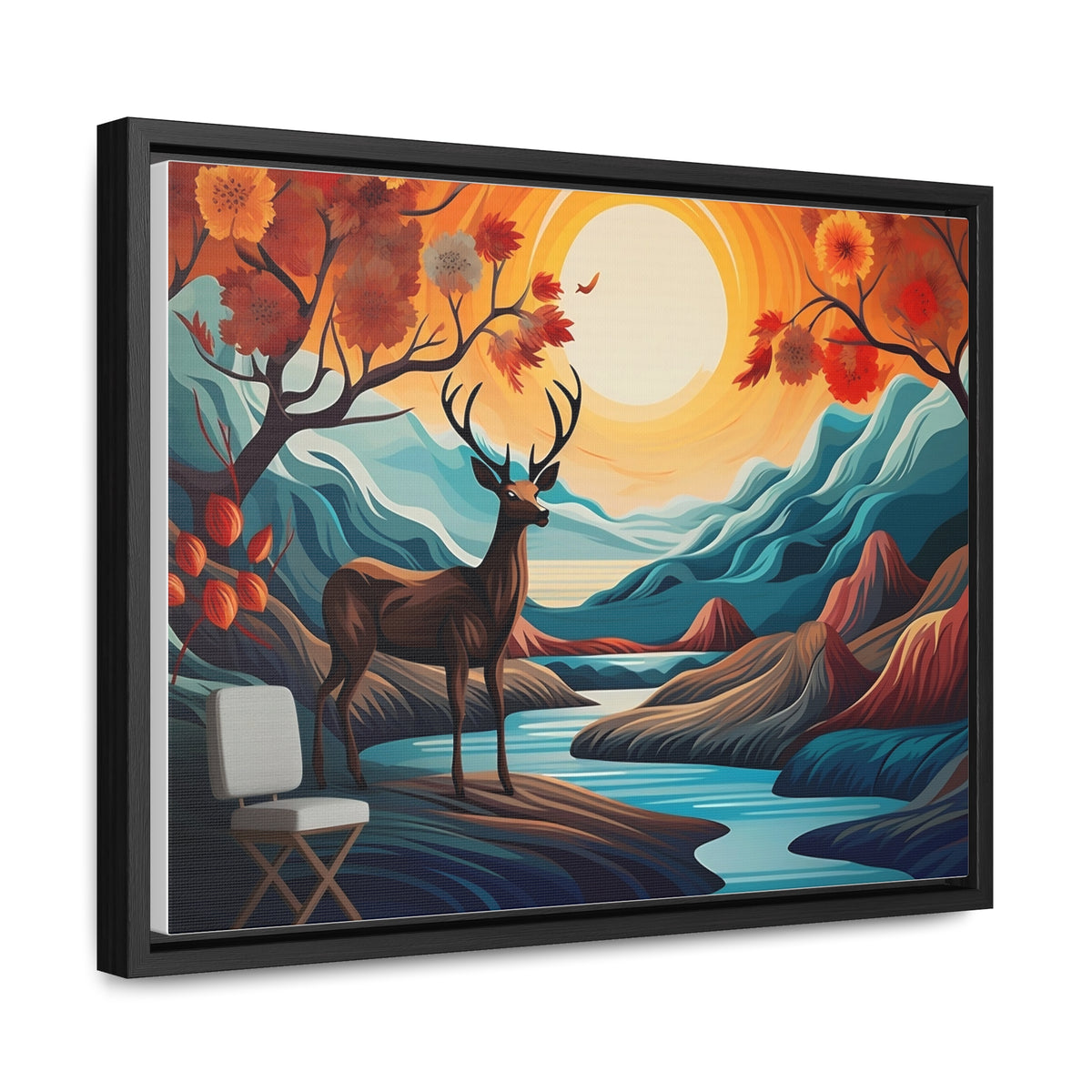 A Painting of a Deer in a Forest with a Sunset in the Background Wall Art