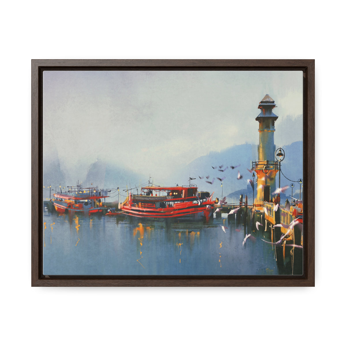 Fishing Boat in Harbor At Morning, Watercolor Painting Style Wall Art