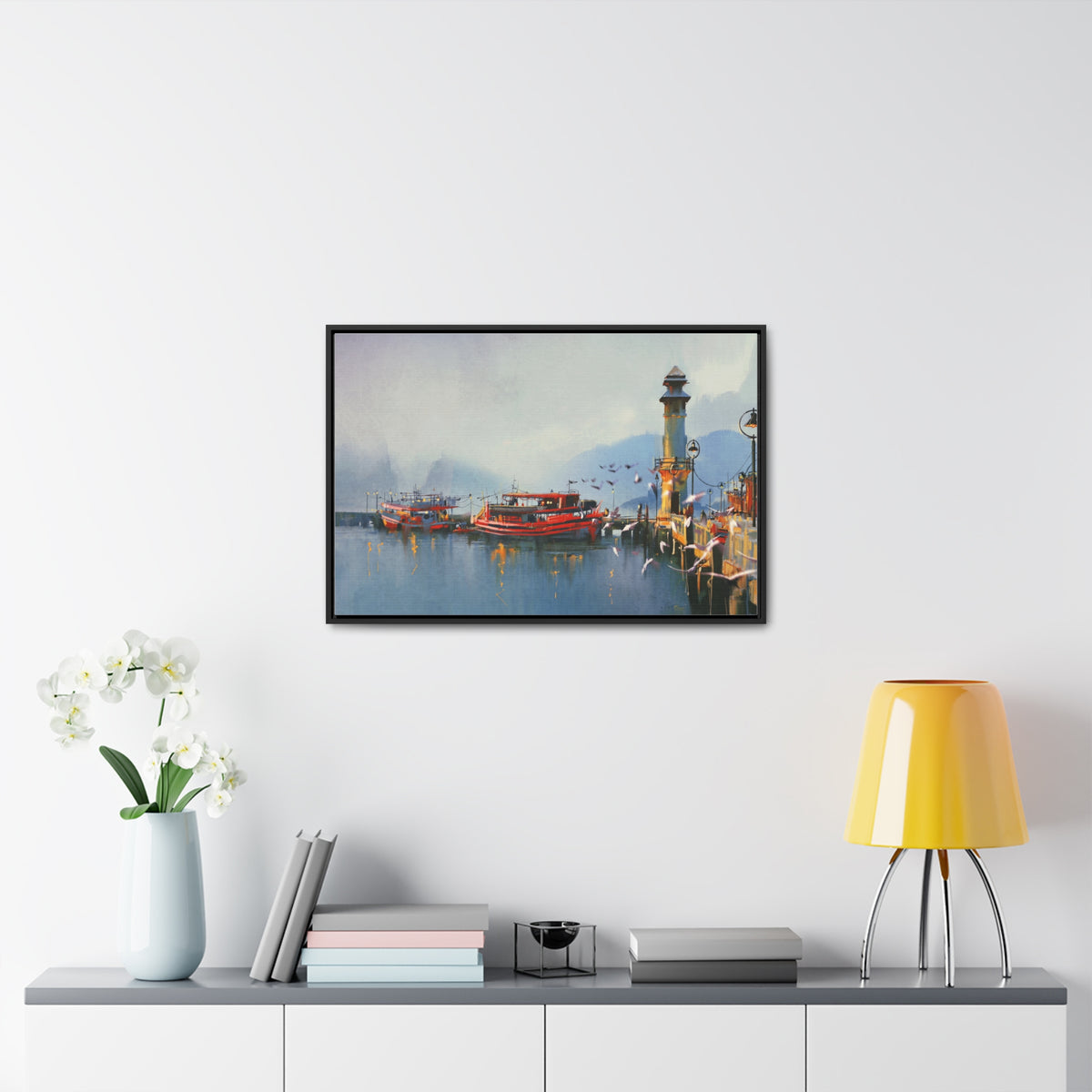 Fishing Boat in Harbor At Morning, Watercolor Painting Style Wall Art
