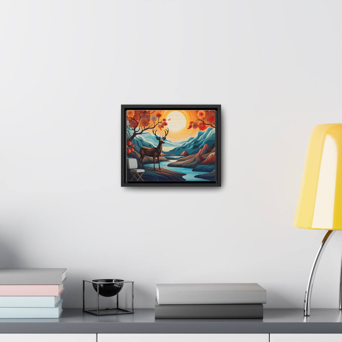 A Painting of a Deer in a Forest with a Sunset in the Background Wall Art