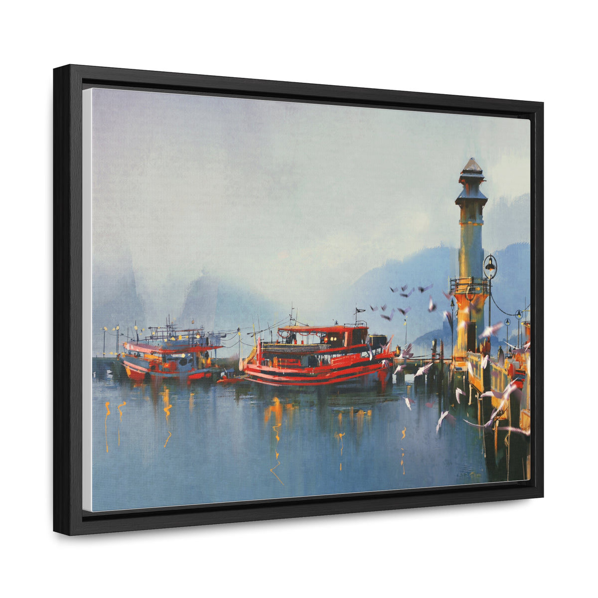 Fishing Boat in Harbor At Morning, Watercolor Painting Style Wall Art
