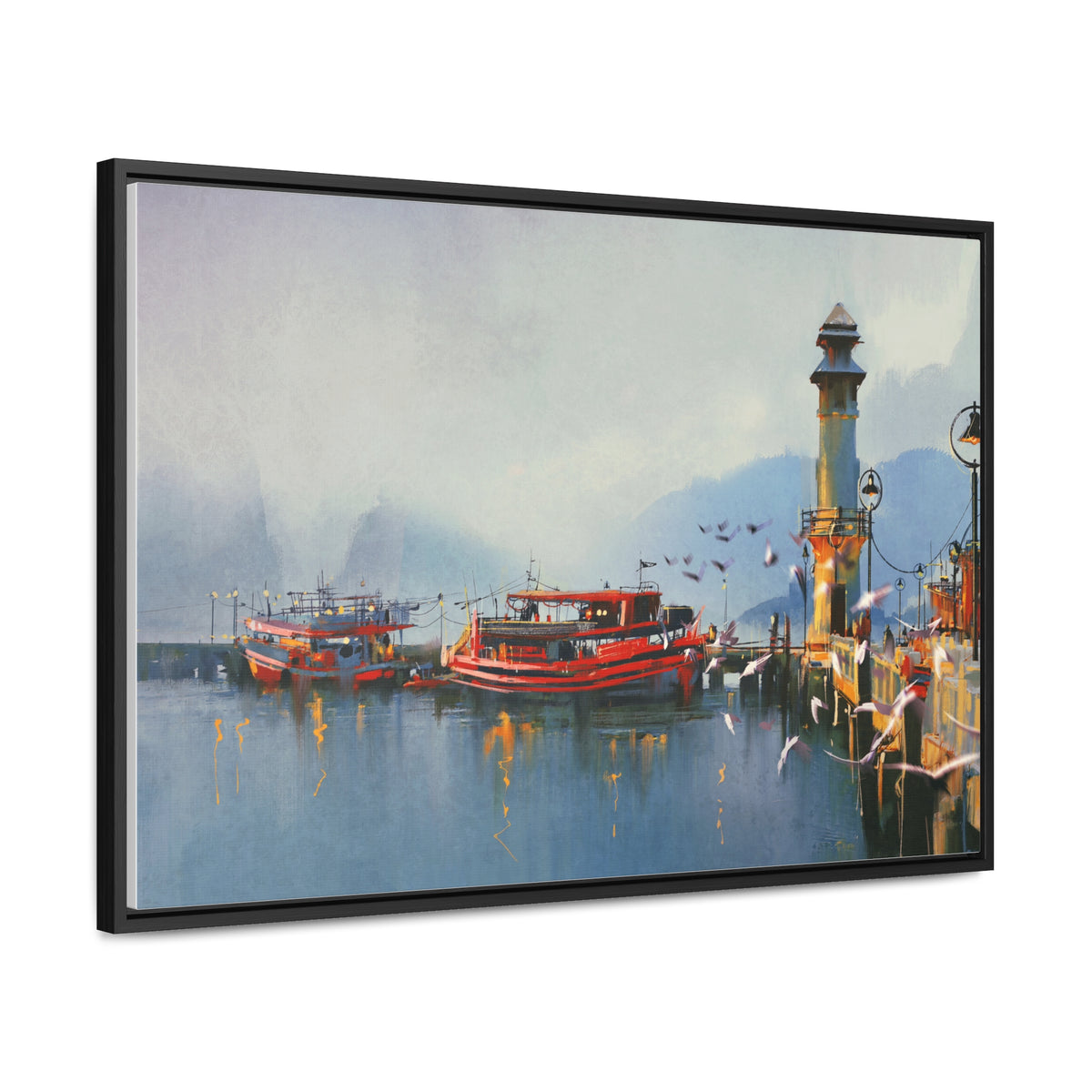 Fishing Boat in Harbor At Morning, Watercolor Painting Style Wall Art