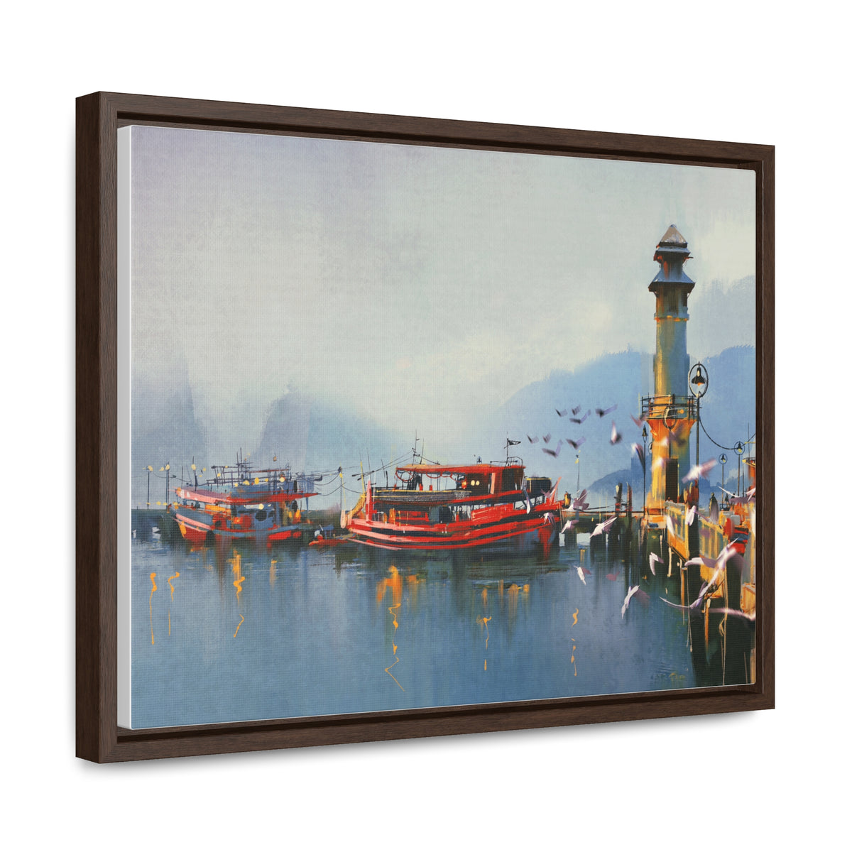 Fishing Boat in Harbor At Morning, Watercolor Painting Style Wall Art
