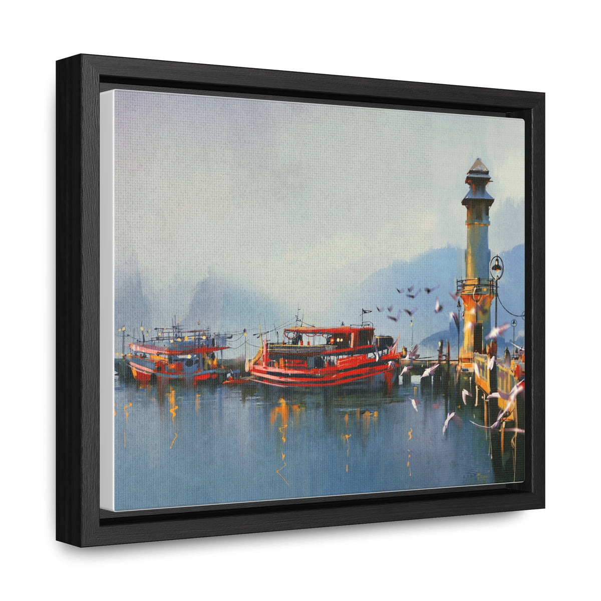 Fishing Boat in Harbor At Morning, Watercolor Painting Style Wall Art