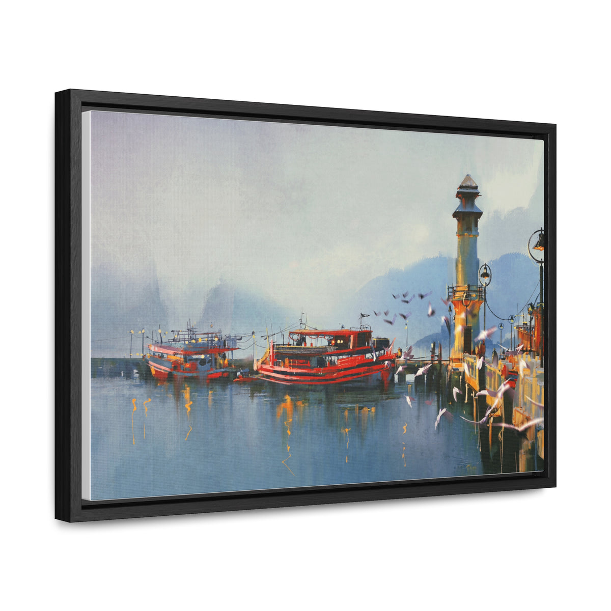 Fishing Boat in Harbor At Morning, Watercolor Painting Style Wall Art