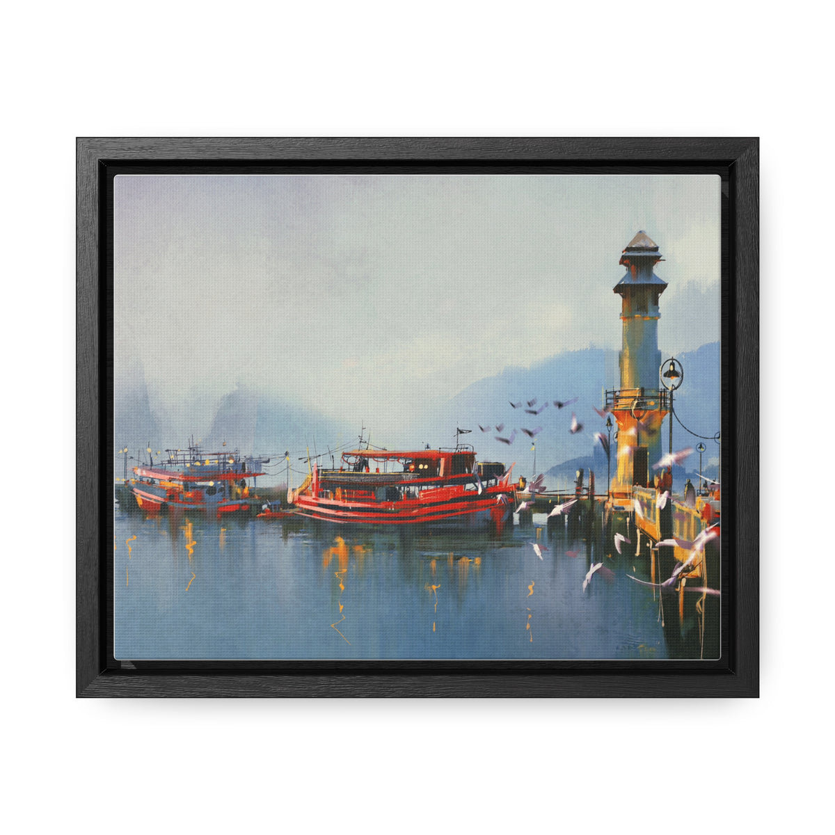 Fishing Boat in Harbor At Morning, Watercolor Painting Style Wall Art