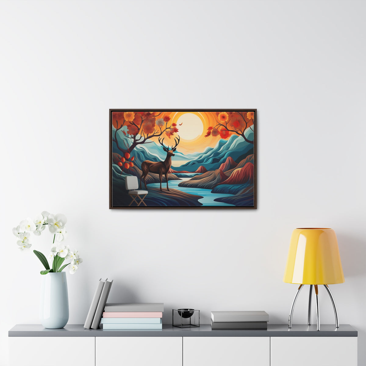 A Painting of a Deer in a Forest with a Sunset in the Background Wall Art