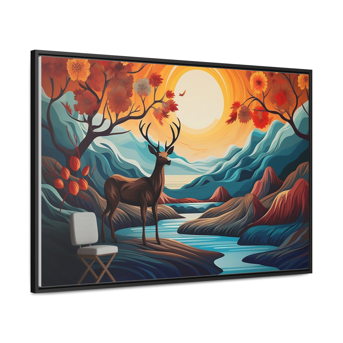 A Painting of a Deer in a Forest with a Sunset in the Background Wall Art