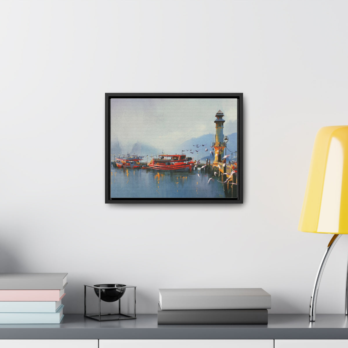Fishing Boat in Harbor At Morning, Watercolor Painting Style Wall Art