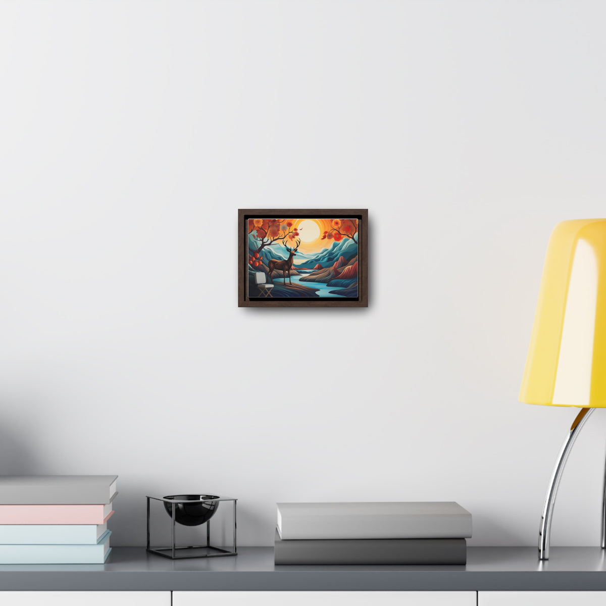 A Painting of a Deer in a Forest with a Sunset in the Background Wall Art