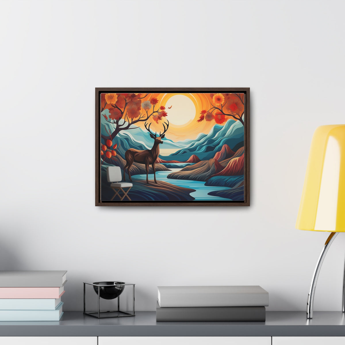 A Painting of a Deer in a Forest with a Sunset in the Background Wall Art