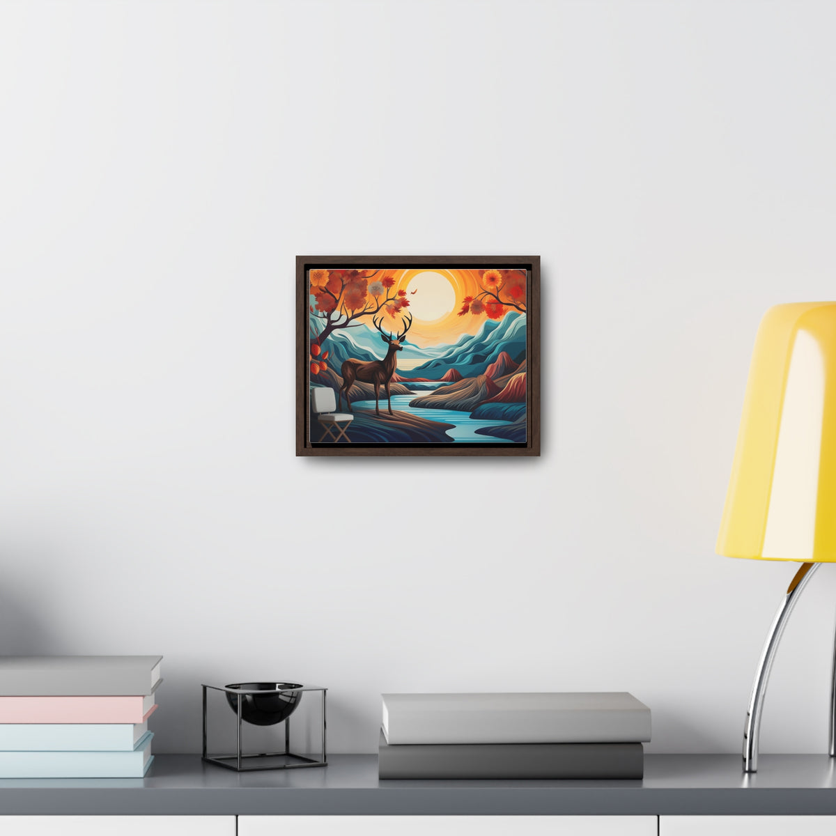 A Painting of a Deer in a Forest with a Sunset in the Background Wall Art