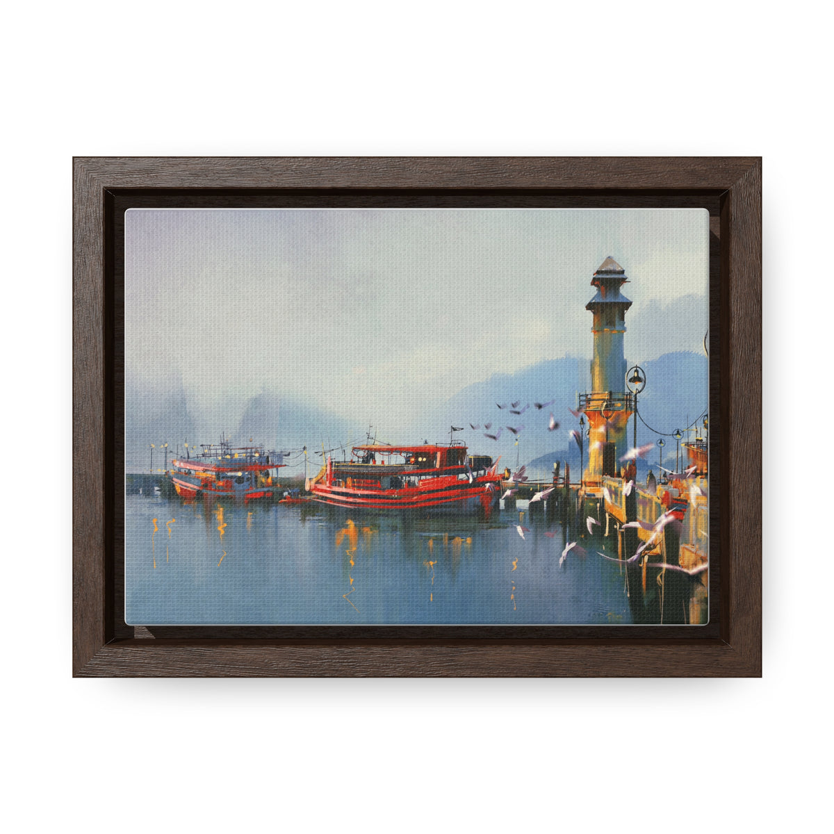 Fishing Boat in Harbor At Morning, Watercolor Painting Style Wall Art
