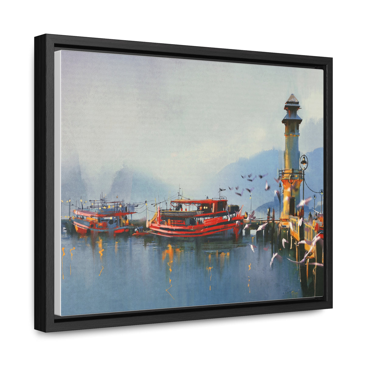 Fishing Boat in Harbor At Morning, Watercolor Painting Style Wall Art