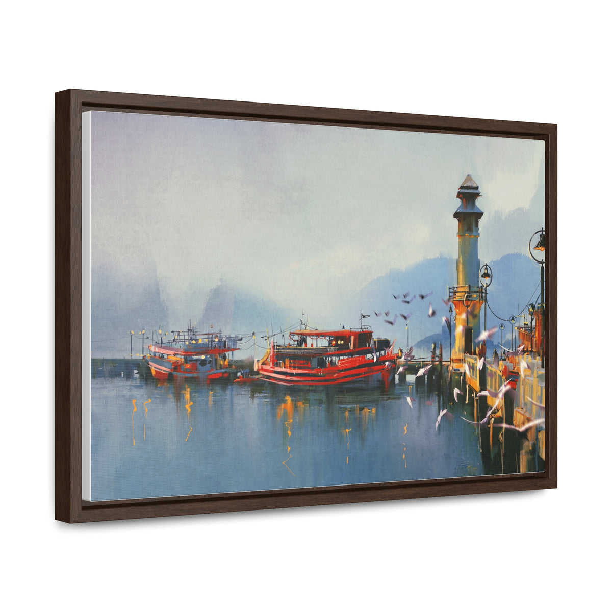 Fishing Boat in Harbor At Morning, Watercolor Painting Style Wall Art