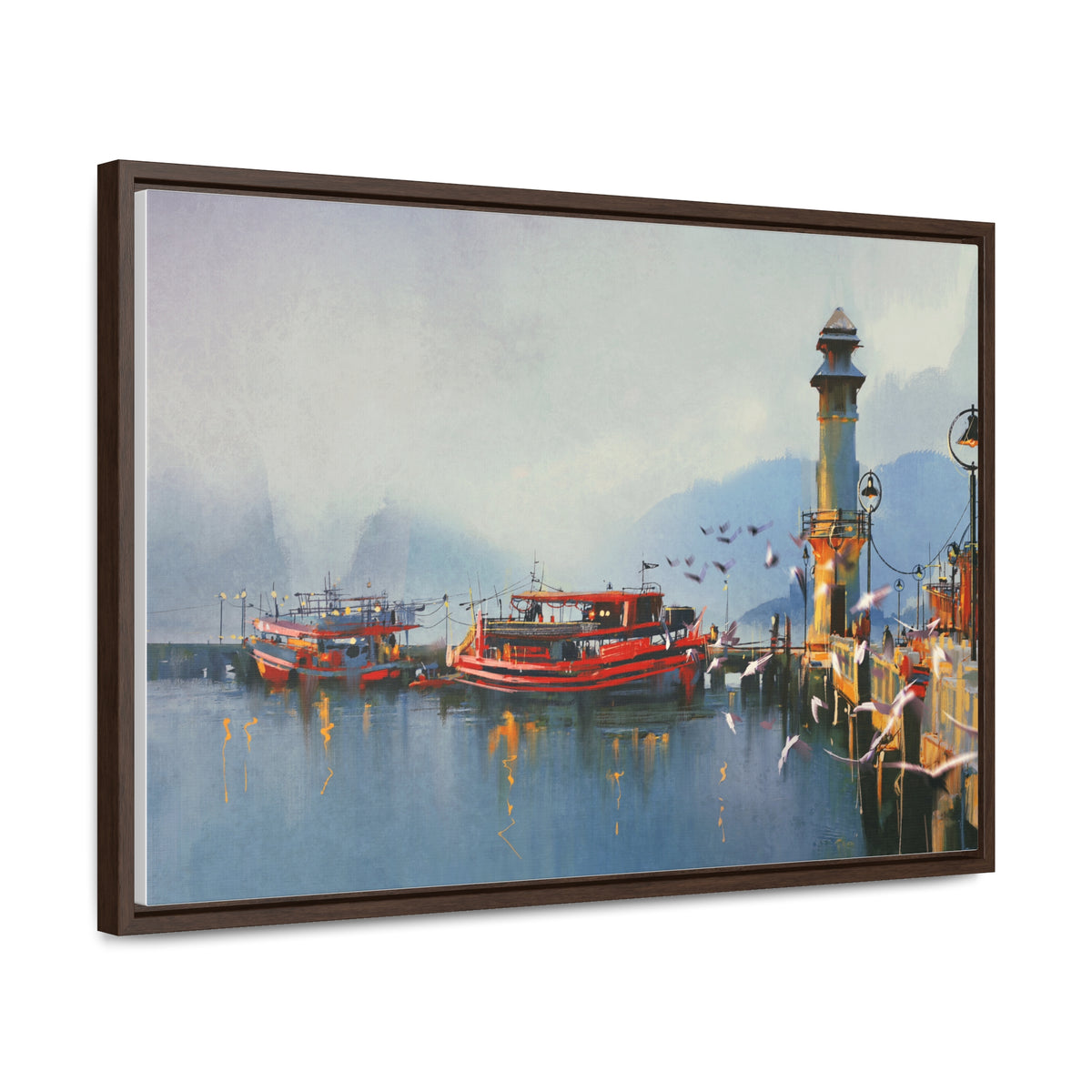 Fishing Boat in Harbor At Morning, Watercolor Painting Style Wall Art