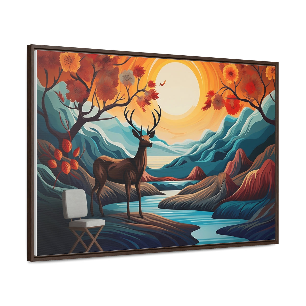 A Painting of a Deer in a Forest with a Sunset in the Background Wall Art