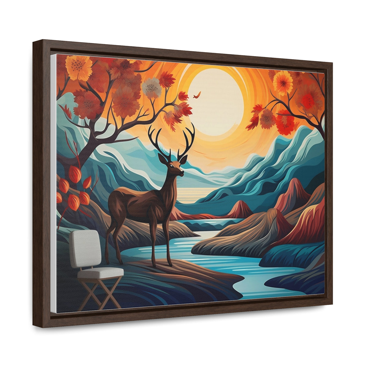 A Painting of a Deer in a Forest with a Sunset in the Background Wall Art