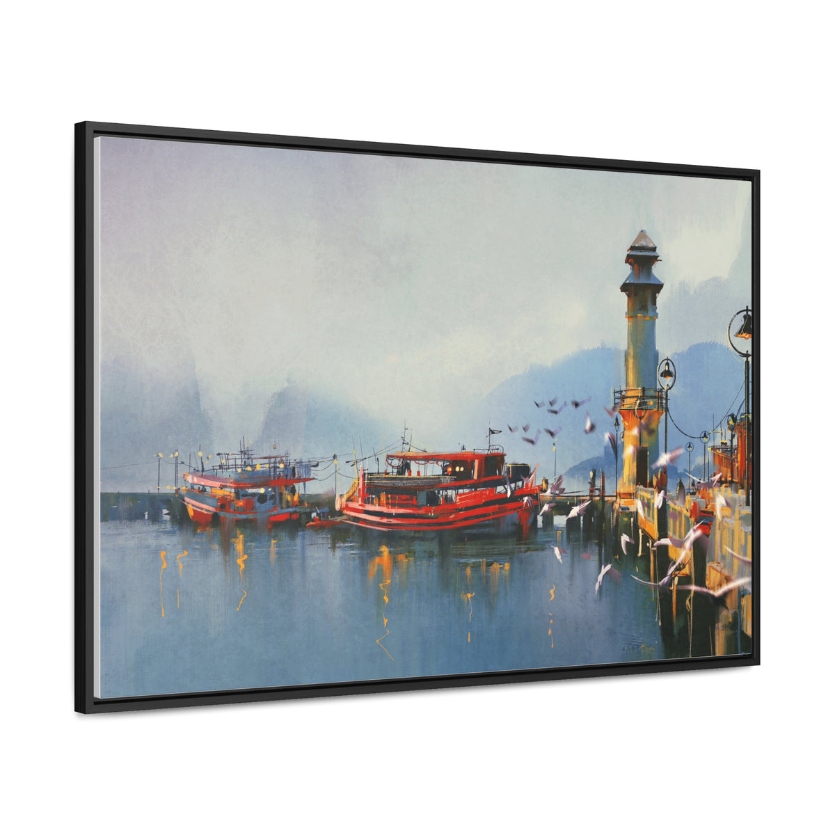 Fishing Boat in Harbor At Morning, Watercolor Painting Style Wall Art