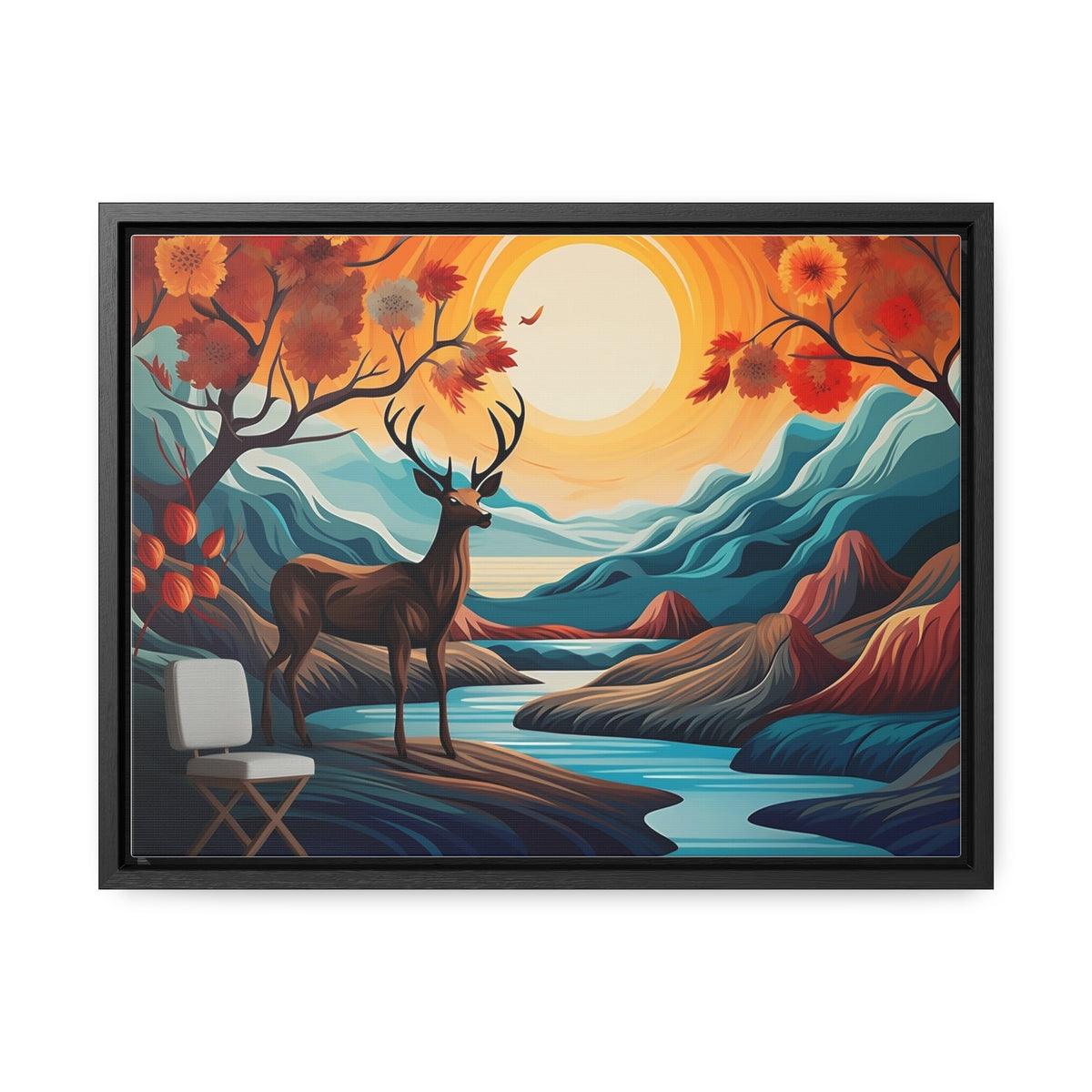 A Painting of a Deer in a Forest with a Sunset in the Background Wall Art