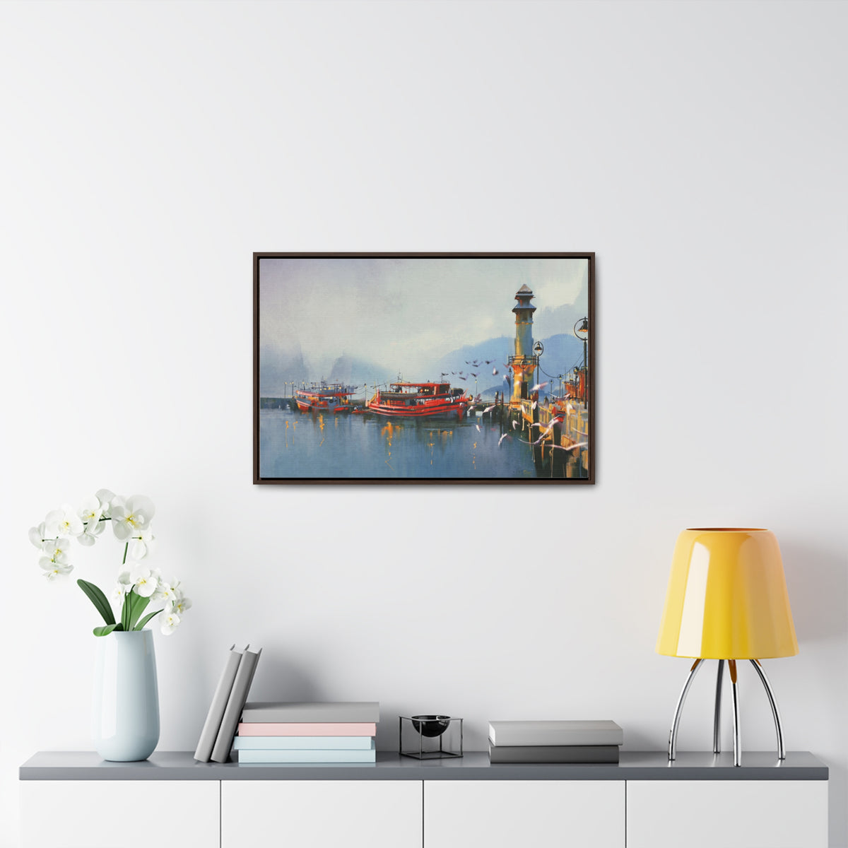 Fishing Boat in Harbor At Morning, Watercolor Painting Style Wall Art