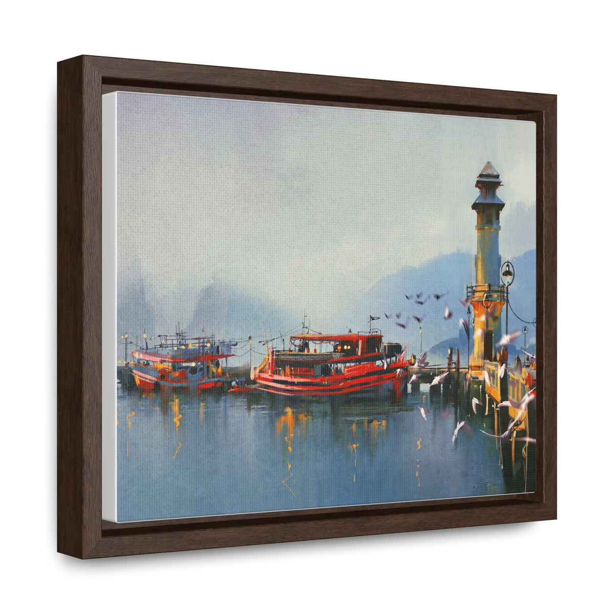 Fishing Boat in Harbor At Morning, Watercolor Painting Style Wall Art