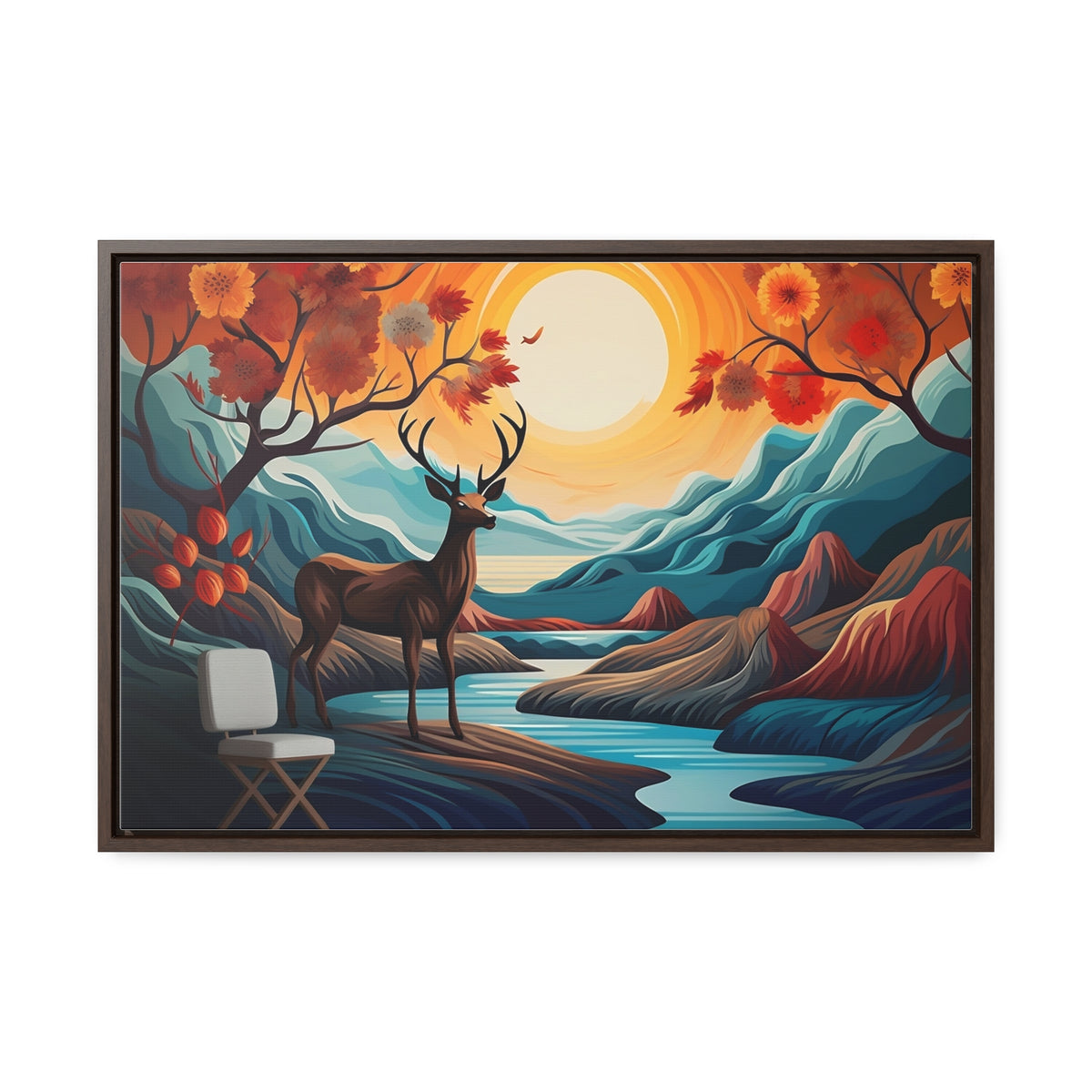 A Painting of a Deer in a Forest with a Sunset in the Background Wall Art
