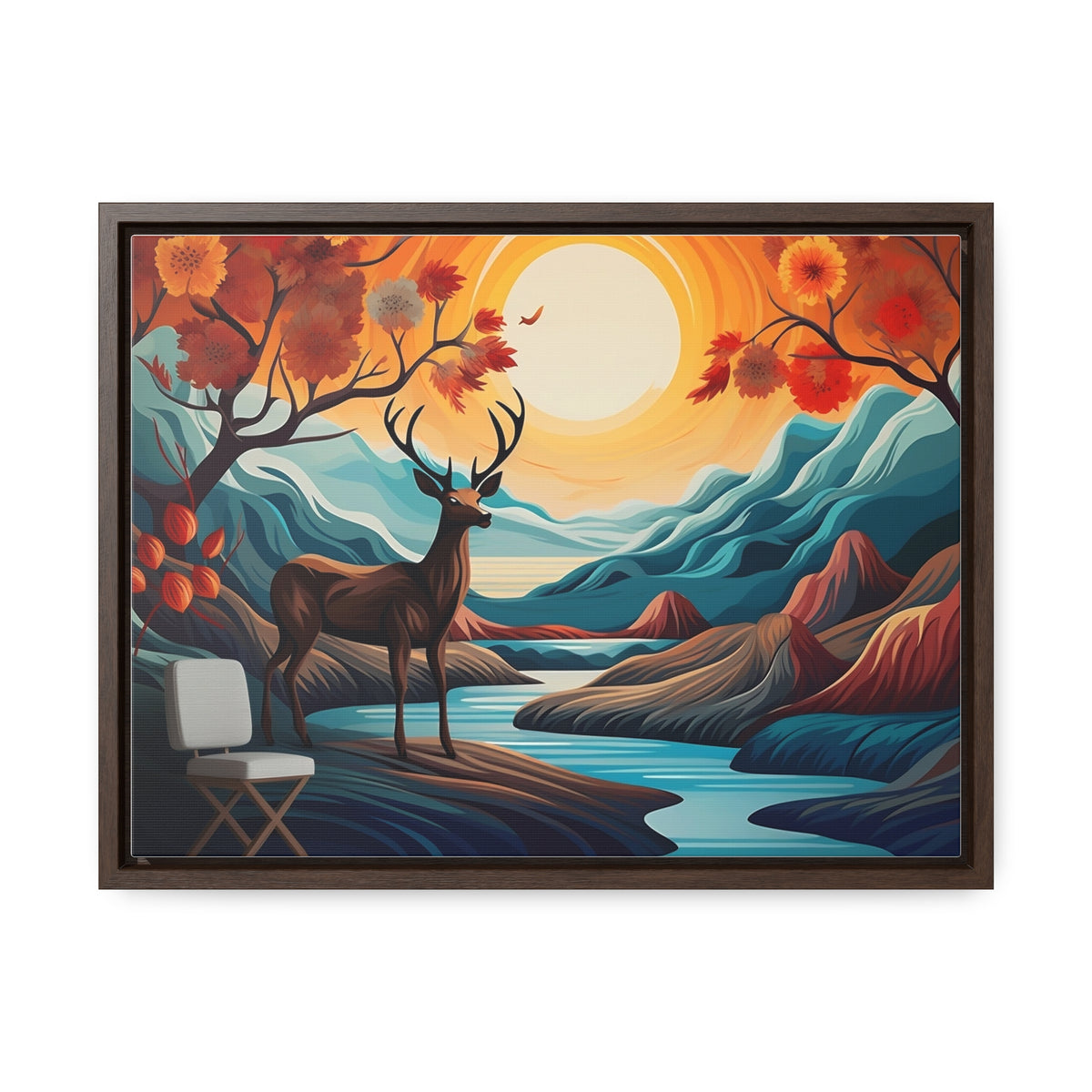 A Painting of a Deer in a Forest with a Sunset in the Background Wall Art
