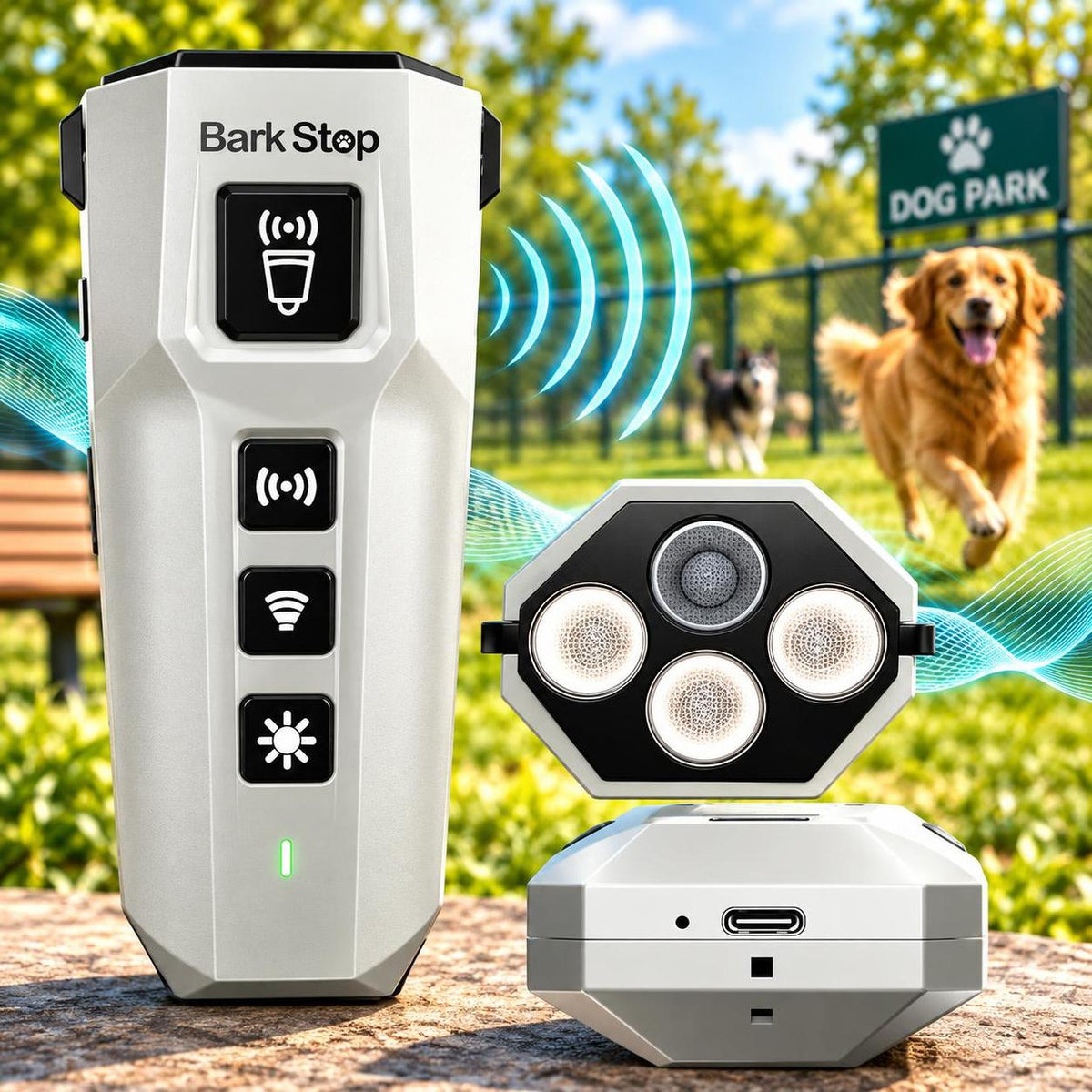 Dog Bark Deterrent Device – Stops Barking Fast, Humane No Shock Ultrasonic Dog Trainer, Rechargeable Anti Bark Device with LED Flashlight for Indoor & Outdoor Use (Grey)