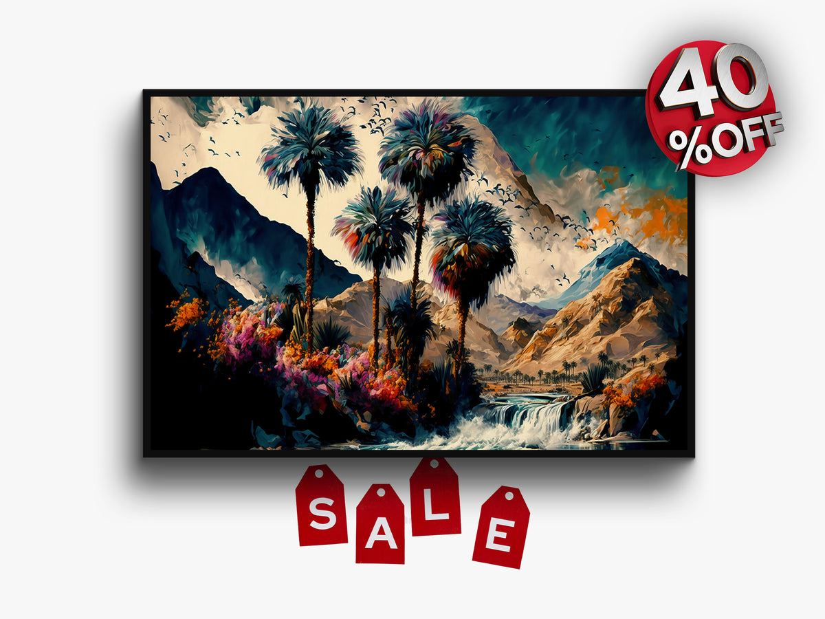 Vintage Oasis of Palm Trees Mountains Wall Art