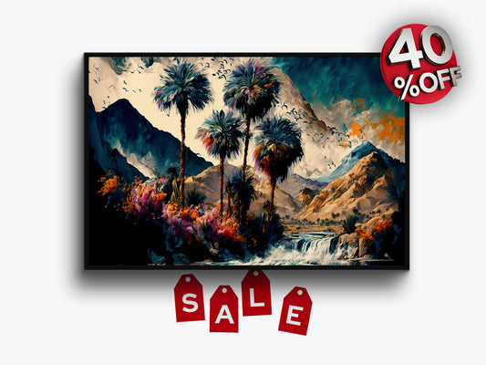 Vintage Oasis of Palm Trees Mountains Wall Art