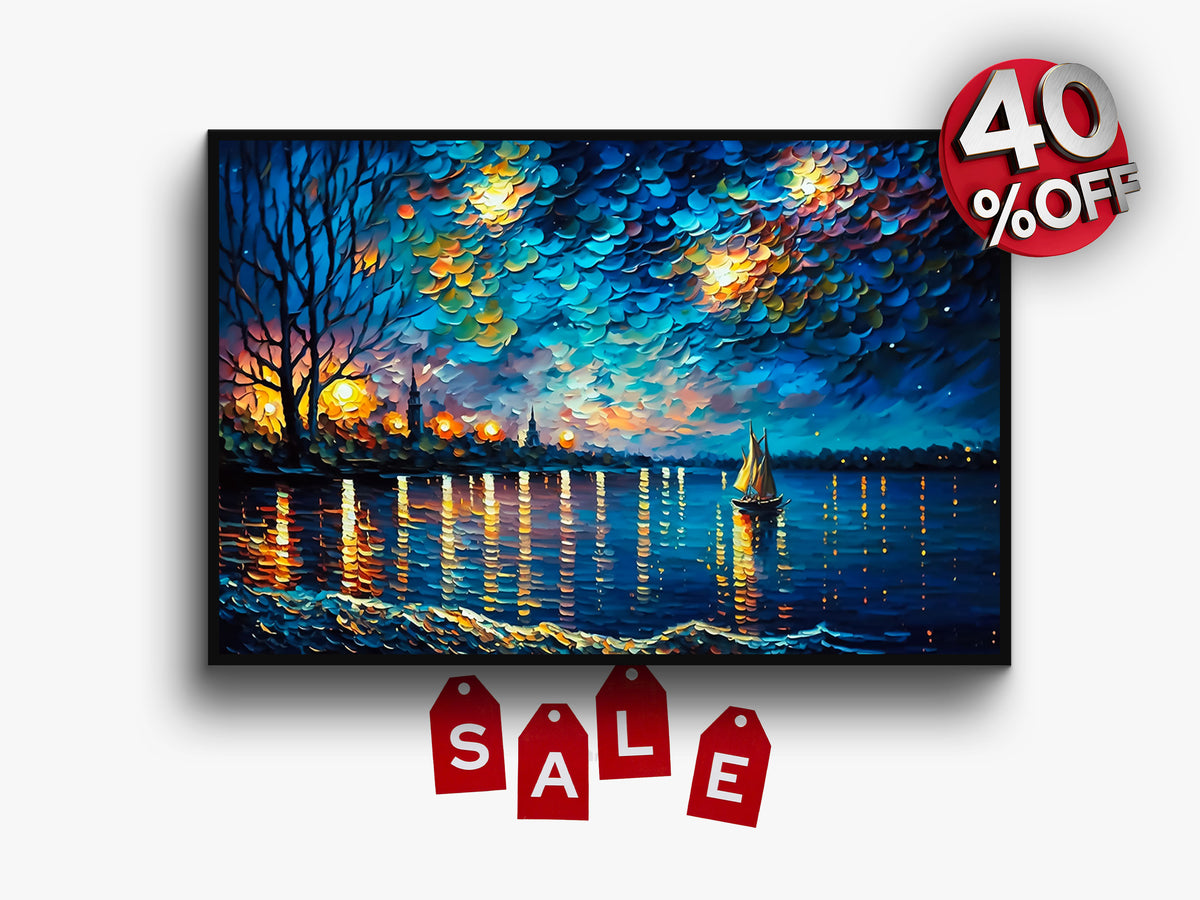 Painting of a Man in the Ocean at Night With a Full Moon Generative ai Wall Art