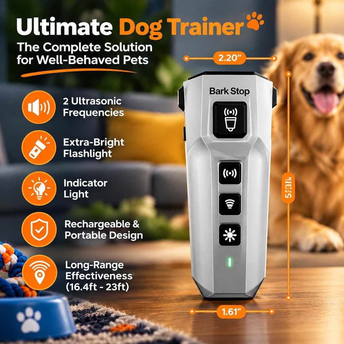 Dog Bark Deterrent Device – Stops Barking Fast, Humane No Shock Ultrasonic Dog Trainer, Rechargeable Anti Bark Device with LED Flashlight for Indoor & Outdoor Use (Grey)